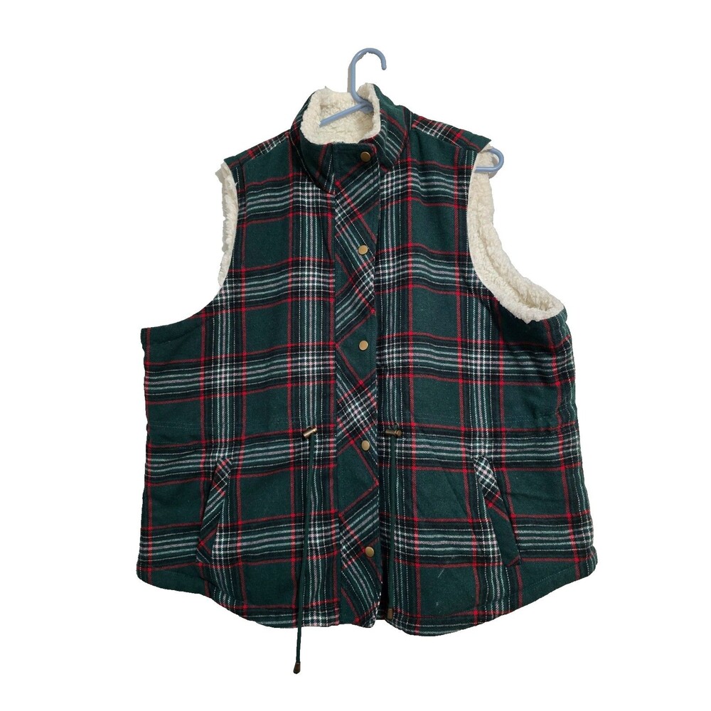 Maurices Size 2X Womens Green Plaid Flannel Sherpa Lined Vest Plaid Zip Snap Up